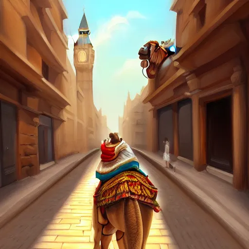 Image similar to A painting of a mouse Riding a camel through a narrow street in london, highly detailed, digital painting, Artstation, smooth