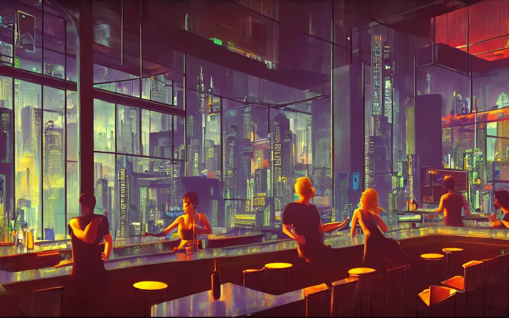 Prompt: cyberpunk loft lounge with tall windows, few people, city in background, bar counter with bartender and chairs, drawn by feng zhu, sparse plants, dim painterly lighting volumetric aquatics, impasto