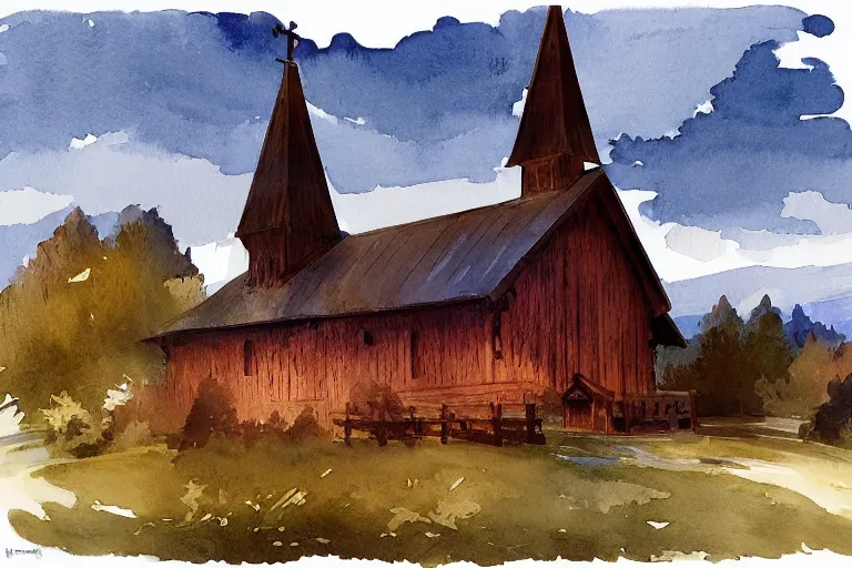 Image similar to small centered on watercolor paper, paint brush strokes, abstract watercolor painting of traditional scandinavian wooden church, medieval chapel at dawn, cinematic light, national romanticism by hans dahl, by jesper ejsing, by anders zorn, by greg rutkowski, by greg manchess, by tyler edlin