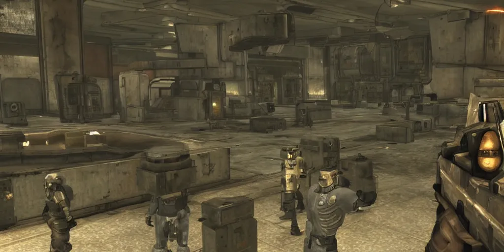 Prompt: patrol of brotherhood of steel from fallout : new vegas game ahead of large bunker gate