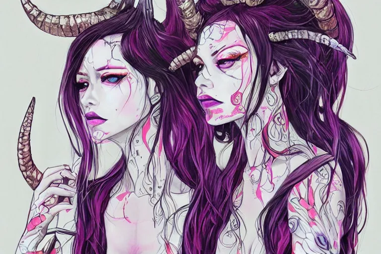 Prompt: a painting of a woman with horns on her head, digital art by harumi hironaka, cgsociety, fantasy art, art on instagram, digital illustration, anime aesthetic