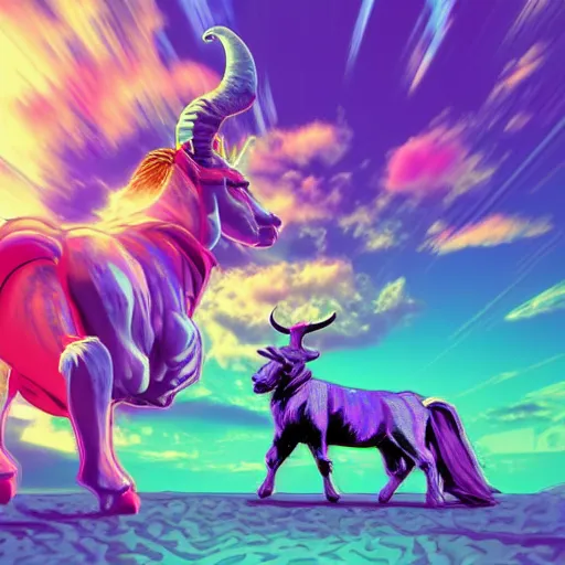 Image similar to Vapor Wave style digital art of Thor riding a big goat, trippy