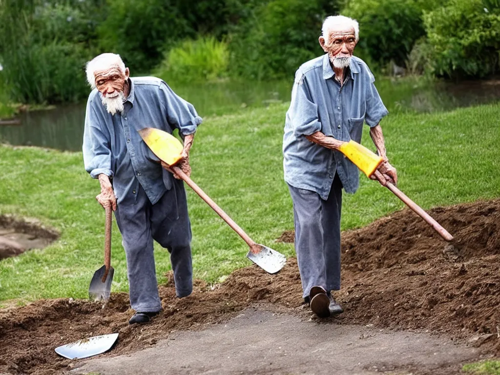 Image similar to old man appears carrying a shovel. he's also carrying a fish. then i remember, the fish in the pond died yesterday, and he's going to bury it. old woman had seen the neighbour burying their pet cat and thought that it was the thing to do.