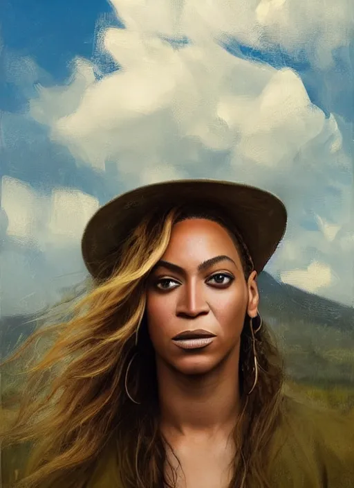 Prompt: portrait of Beyonce practicing wild magic, countryside, calm, fantasy character portrait, dynamic pose, above view, sunny day, thunder clouds in the sky, artwork by Jeremy Lipkin and Giuseppe Dangelico Pino and Michael Garmash and Rob Rey, very coherent asymmetrical artwork, sharp edges, perfect face, simple form, 100mm