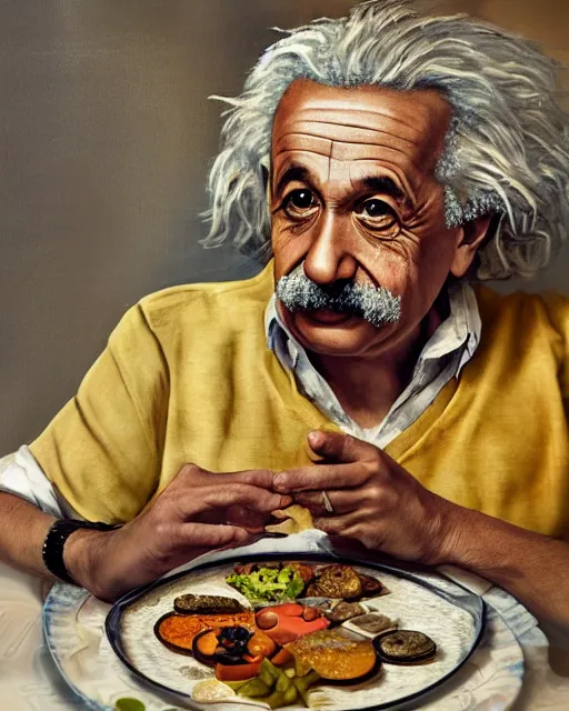 Prompt: a portrait of albert einstein sitting at the dining table with a plate containing south indian thali in front of him, highly detailed, trending on artstation, bokeh, 9 0 mm, f / 1. 4