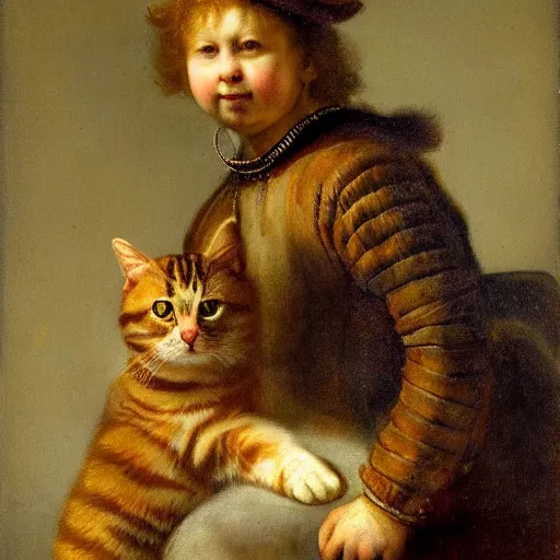 Prompt: a portrait of a tabby femle cat with a child's body by Rembrandt