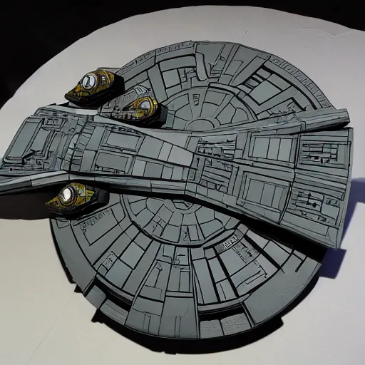 Image similar to the millennium falcon but if it was created by the mandalorians.