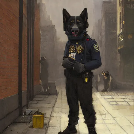 Prompt: new york city portrait of furry anthro anthropomorphic german shepard head animal person fursona wearing clothes nypd traditional police uniform in the alley, sunny day, digital art by Nerdrum John, William Waterhouse, Winslow Homer, Alex Heywood, Jordan Grimmer, Darren Quach, Greg Rutkowski, Simon Stalenhag, trending on Artstation, CGSociety