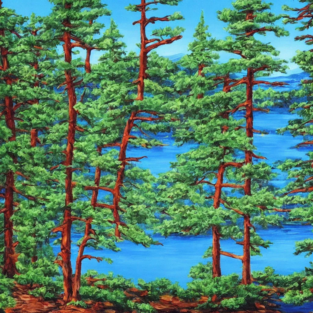 Image similar to a lake surrounded by pine trees painted by Bob Ross