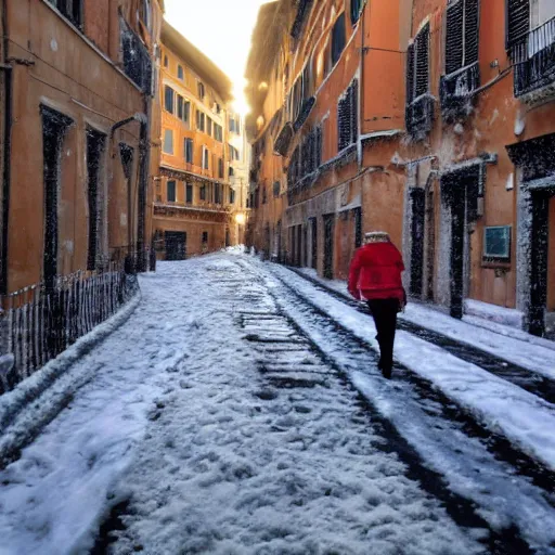 Image similar to The city of Rome under the snow on August. It's snowing everywhere on the entire cityscape of Rome under a blue sky and a very hot sun. It's crazy hot with red flames everywhere but also very big snowflakes. People wear swimsuits and are very puzzled.