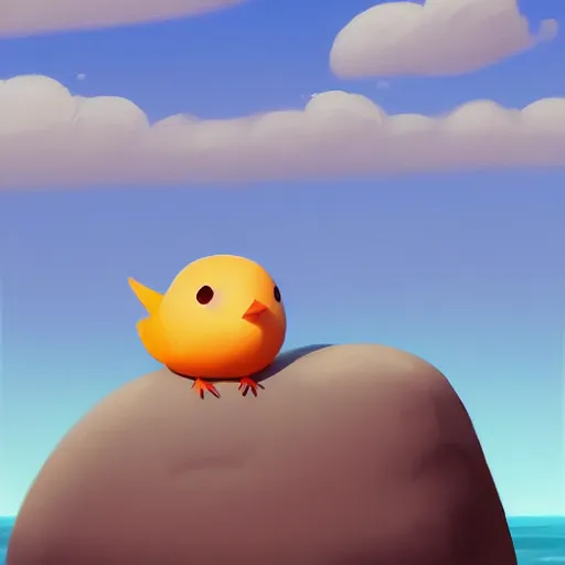 Image similar to goro fujita ilustration a cute little bird perched on a rock watching the ocean and the waves with their foam, the sky with fluffy clouds and makes a warm light, painting by goro fujita, sharp focus, highly detailed, artstation