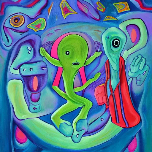 Prompt: an anthromorphic alien cult steals socks, by amanda clark in a psychedelic style, oil on canvas