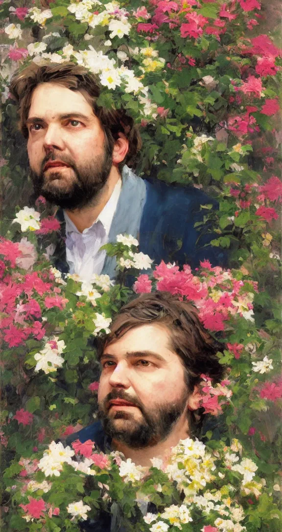 Image similar to romantic detailed portrait of gabriel boric surrounded by beautiful flowers, by gregory manchess, james gurney, james jean