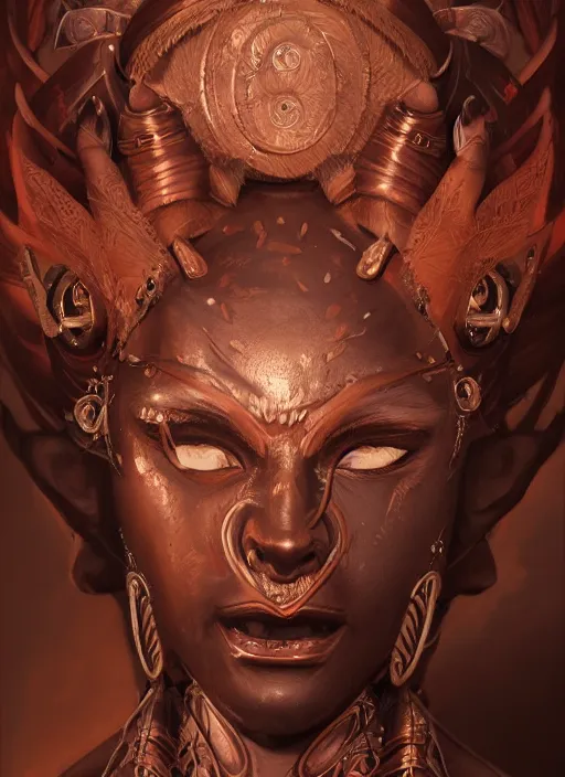 Image similar to a beautiful detailed oil on copper art illustration of a oni mask woman, centered, by charlie bowater, zeng fanzh, trending on artstation, dim dusk lighting, cinematic lighting, detailed lighting, volumetric lighting, realistic, f 8, 4 k hd wallpaper