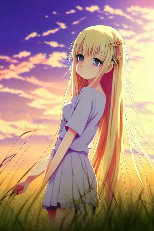 Anime, Young Female, Long Blonde Hair and Large Eyes, Golden Hour Sunset  Lighting Poster 