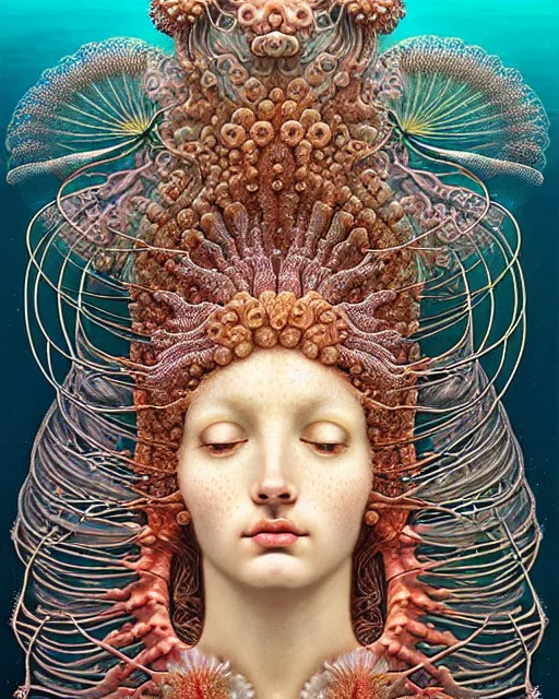 Image similar to hyperrealistic detailed underwater face portrait of the beautiful goddess of the jellyfish with an intricate headgear of corals, sea kelp, sea plants, fish, starfish, jellyfish, art by ernst haeckel, john william godward, android jones, gothic - cyberpunk, ornamental, beautiful deep colours,