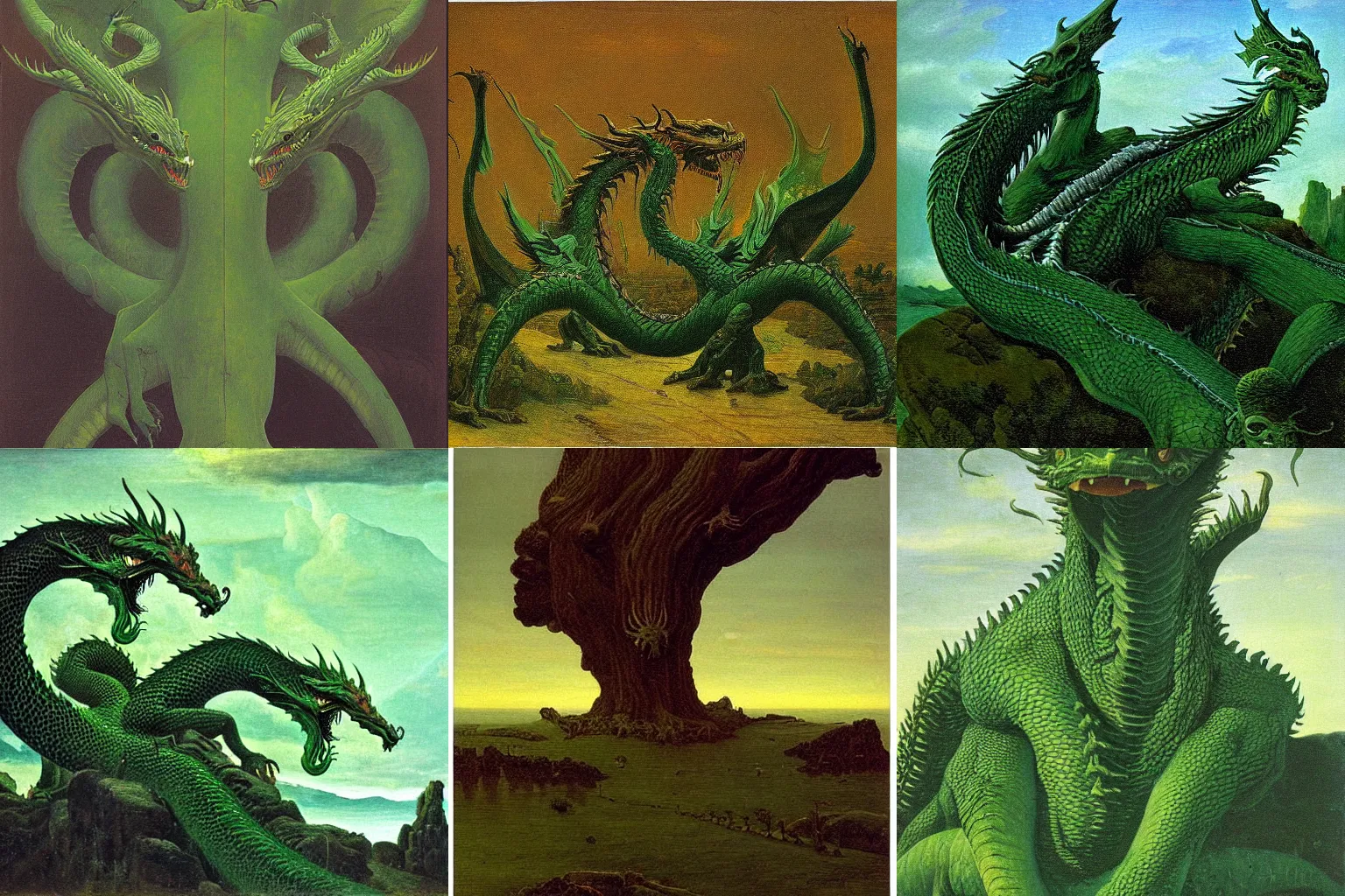 Prompt: green dragon with 12 heads, oil canvas painting by CASPAR DAVID FRIEDRICH