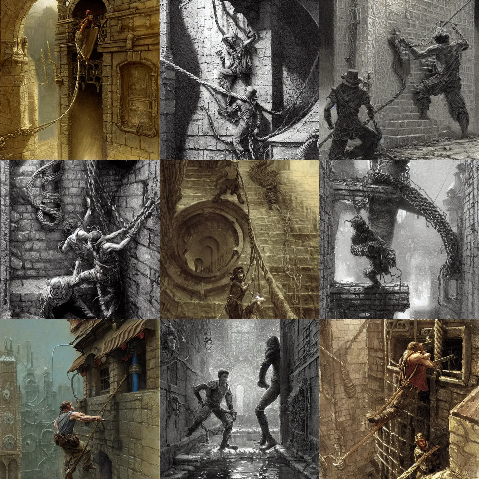 Prompt: 2 dnd thiefs climb down by rope into sewer waterworks, detailed face, gorgeous, amazing, new england architecture, 1 9 2 0 style, intricate, highly detailed, musculine, lovecraft illustration, painting by gaston bussiere, craig mullins