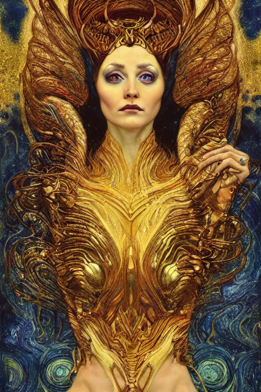 Image similar to Intermittent Chance of Chaos Muse by Karol Bak, Jean Deville, Gustav Klimt, and Vincent Van Gogh, Rebirth, Loki's Pet Project, Poe's Angel, Surreality, inspiration, imagination, sacred muse, otherworldly, fractal structures, arcane, ornate gilded medieval icon, third eye, spirals