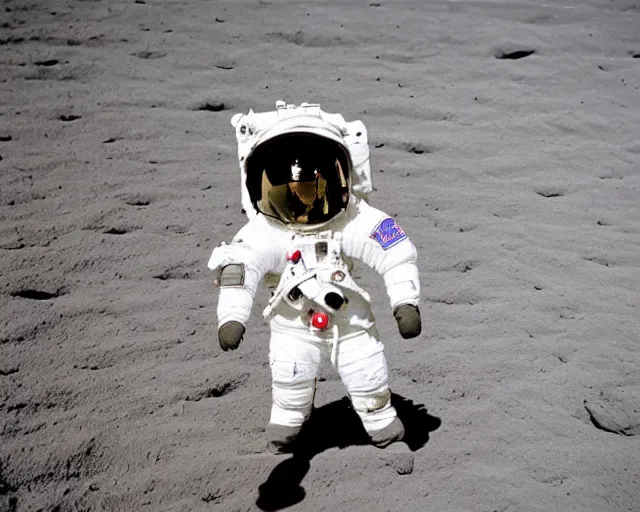 Image similar to old picture of the first shiba on the moon, astronaut suit, 9 0's photograph, black and white
