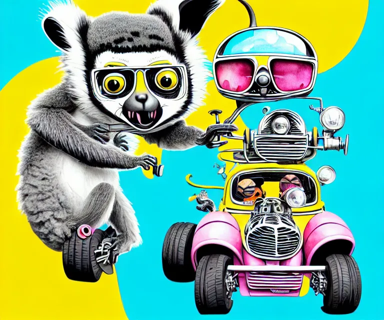 Prompt: cute and funny, lemur wearing a helmet riding in a tiny hot rod with oversized engine, ratfink style by ed roth, centered award winning watercolor pen illustration, isometric illustration by chihiro iwasaki, edited by beeple, tiny details by artgerm, symmetrically isometrically centered