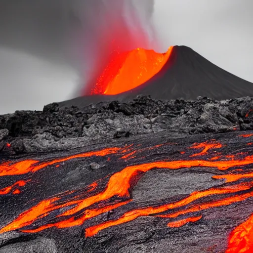 Image similar to a baby magma creature made of rock and lava, photography, dark grey and orange colours, volcano in the background, detailed