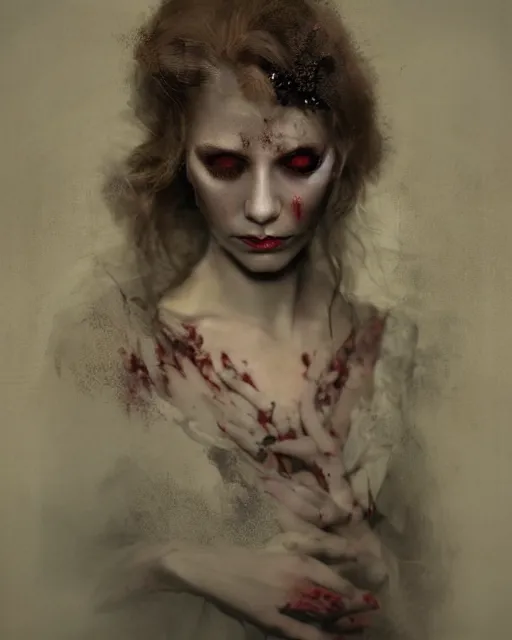 Image similar to a beautiful but sinister and creepy woman in layers of fear, with haunted eyes, violence in her eyes, putting on lipgloss, 1 9 7 0 s, seventies, delicate embellishments, a little blood, woodland, moonlight shining on wildflowers, painterly, offset printing technique, by mary jane ansell