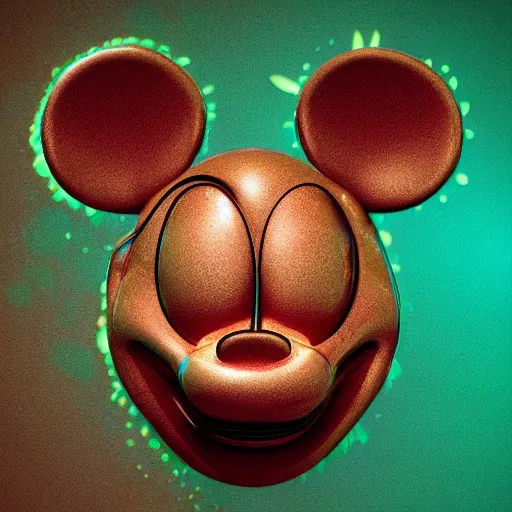 Image similar to counterfeit mickey mouse head, fractal, broken, psychedelic, wet, mycelium, radiant alien, rococo, baroque, automotive, bio-mechanical, porcelain, iridescent, sub surface scattering, octane render