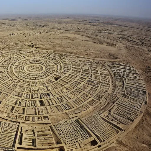 Image similar to A sprawling Mesopotamian city arranged in concentric circles as seen from above, with a giant tower and temple at its center