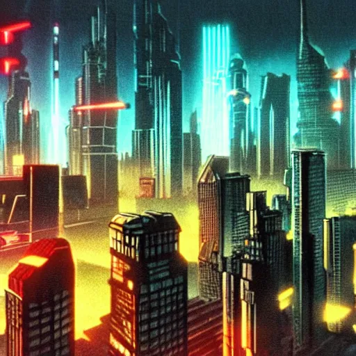 Image similar to 80's cyberpunk skyline, monolithic megastructures, beams of light, in the style of Akira