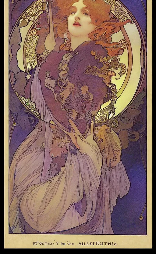 Prompt: the magician, tarot, beautiful border, by alfons maria mucha, highly detailded