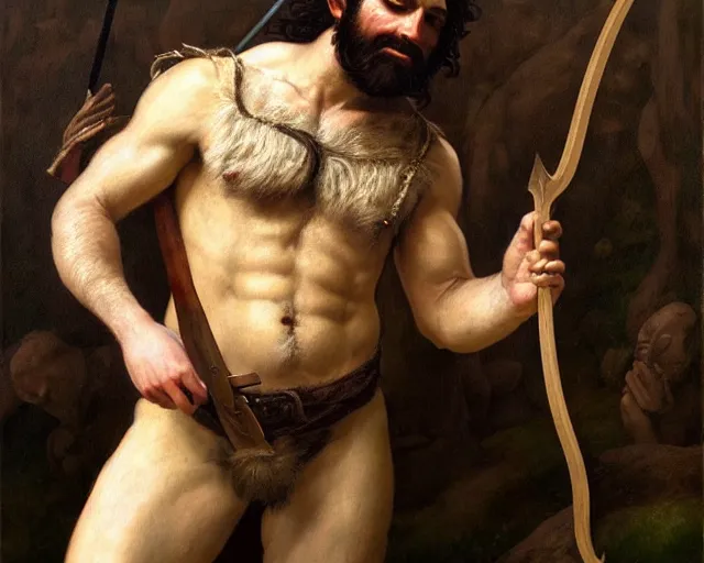 Image similar to renaissance painting full body portrait of a gruff ranger with a spear, lean and toned, handsome face, hairy chest and hairy body, D&D, intricate, elegant, highly detailed, digital painting, artstation, concept art, matte, sharp focus, chiaroscuro, well list, illustration, art by Artgerm and Greg Rutkowski and Alphonse Mucha