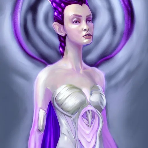 Image similar to alien princess, purple translucent skin, royalty, white crown, flowing gown, padme amidala, art station, concept art, 8k