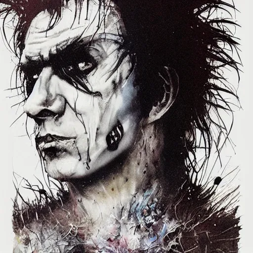 Image similar to stunning portrait of gaunt ( sid vicious ) a ( the cure fan ) as dream from sandman, dim stars as eyes, by jeremy mann, by cedric peyravernay, by by russ mills, by richard avedon and ben templesmith, dramatic lightning, sadness, dark eye sockets, in the shadows, punk rock, gothic, high detailed, 8 k