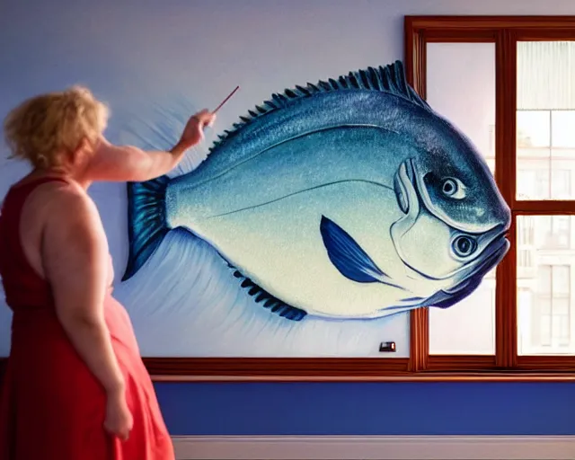 Image similar to an innocent and beautiful scene in hyper realistic style, about an fat old woman painting a huge colorful fish on the wall, lighting from the barred window. shadows. 4 k. wide angle. wild mood. red mouth, blue eyes. deep focus, lovely scene. ambient occlusion render. unreal engine.