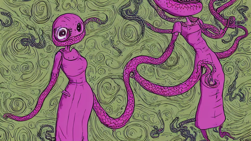 Image similar to aged paper, colorful character sheet for a stocky alien extraterrestrial female servant maid with thick snake - like tentacles instead of hair, long dress with apron, woodstock, psychedelic, 7 0 s, coherent, illustration, digital art, trending on artstation, hd, 8 k, good lighting, beautiful, rough paper, masterpiece