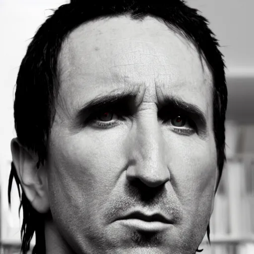 Prompt: trent reznor at the office, excited for the weekend