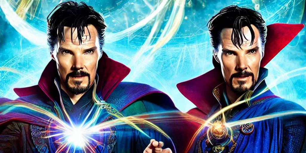 Image similar to doctor strange with the face of waya steurbaut hero combination rainbow glowing suite high resolution film render 100k, photo realistic, epic, colourful close up shot