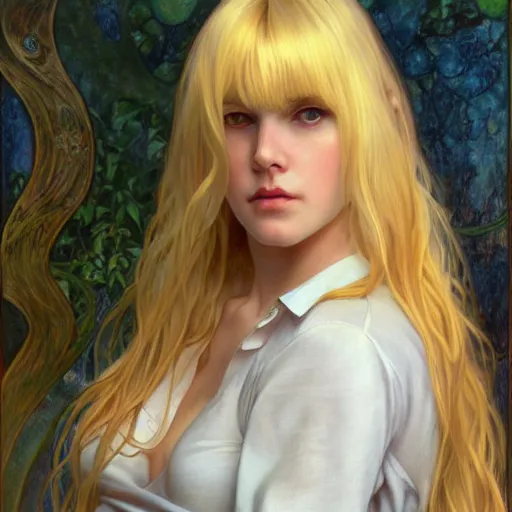 Prompt: A young woman with blonde long hair and bangs in shorts and white shirt drawn by Donato Giancola and Artgerm, Light by Julie Bell, design by alphonse mucha, background by James Jean and gustav klimt and John Marshall Gamble, 4k, volumetric lighting, french nouveau, trending on artstation, octane render, hyperrealistic