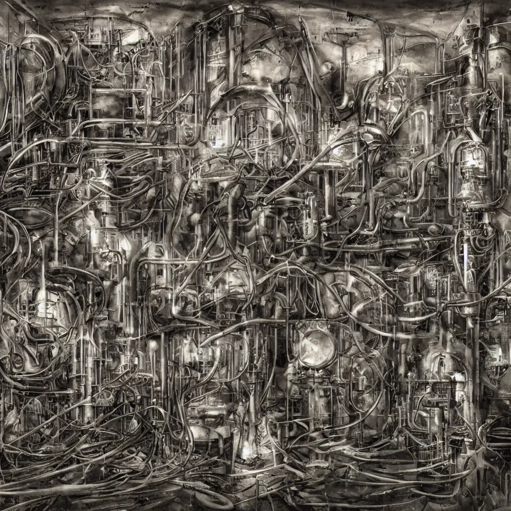 Prompt: abandoned laboratory from 1 9 3 0 s - early xx century - first - generation vacuum - tube computers - enia c - colossus - enigma machines - inside u - boat - metal pipes - obsolete technology - high resolution - 4 k - dark atmosphere - high contrast - retro futuristic - detailed artwork - art by hans giger