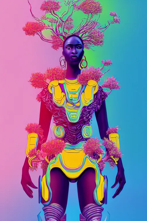 Image similar to illustration neo - futurist cinematic super expressive! yoruba goddess with exoskeleton armor, merging with tree in a forest, pink yellow flowers, highly detailed digital art masterpiece, smooth etienne sandorfi eric zener dramatic pearlescent soft teal light, ground angle uhd 8 k, sharp focus