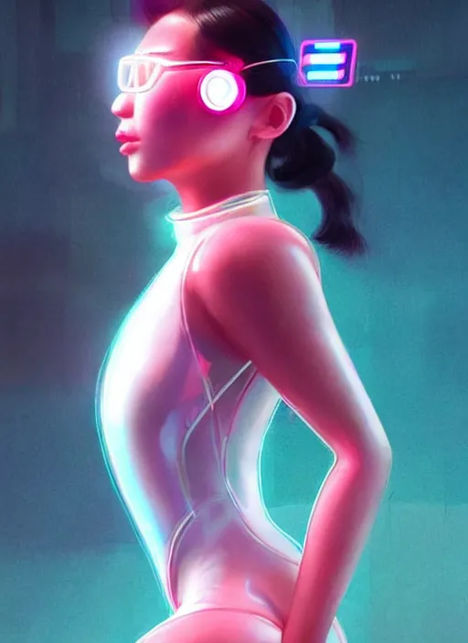 Image similar to a glamorous asian female humanoid with freckled cheeks, cyber neon lighting, futurism, cyberpunk glossy white latex swimsuit, profile posing, hyper photorealistic, crispy quality, digital photography, trending in artstation, trending in pinterest, cinematic, 4 k ultra hd, art by pascal blanche, art by greg rutkowski,