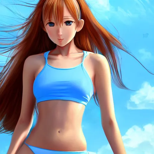 Prompt: a very beautiful young tennis player yuuki asuna, full body, long wavy blond hair, sky blue eyes, full round face, bikini, miniskirt, front view, mid - shot, highly detailed, cinematic wallpaper by stanley artgerm lau