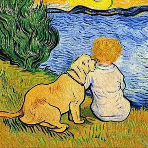 Image similar to girl with curly blonde hair sits next to her white pitbull, sitting on a riverbank watching the sunset, painting by van gogh