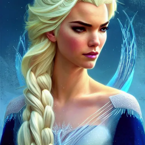 Image similar to Odette Annable with blonde hair as Elsa from Frozen, western, D&D, fantasy, intricate, elegant, highly detailed, digital painting, artstation, concept art, matte, sharp focus, illustration, art by Artgerm and Greg Rutkowski and Alphonse Mucha