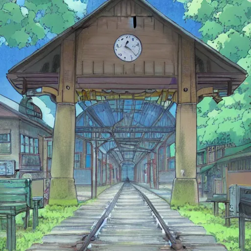 Prompt: lost train station, anime style, studio ghibli