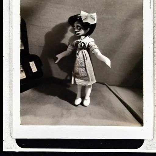 Prompt: 1 9 5 0 s, evil dolls jump scaring, doll phobia, horror, polaroid,