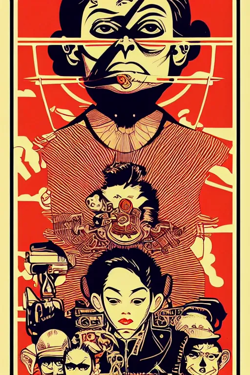 Image similar to monkey face tattoo propaganda screen printing poster, art style wwii posters, jean giraud moebius comic art, sachin teng, shepard fairey, obey, street art, iconic, masterpiece, organic painting, hard edges, ornate and hyper detailed