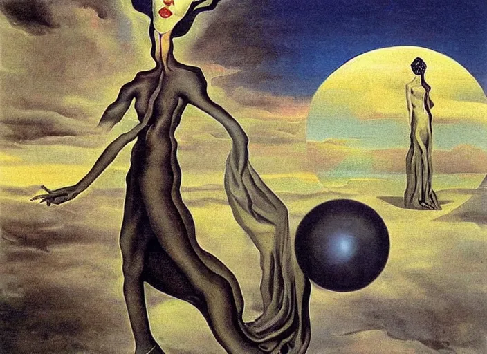 Prompt: impisoned female eldritch goddess by salvadore dali and rene magritte