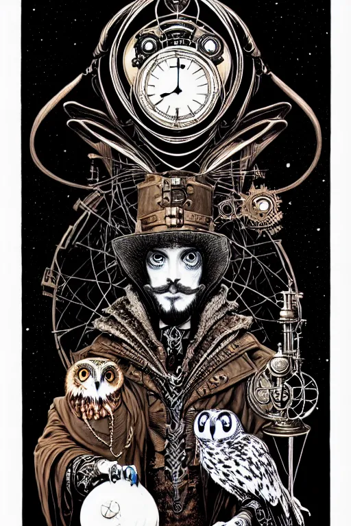 Prompt: a majestic steampunk alchemists cloaked wizard holding his pet owl, high details, bold line art, by vincent di fate and joe fenton, inking, etching, screen print, masterpiece, trending on artstation, sharp, high contrast, hyper - detailed,, hd, 4 k, 8 k